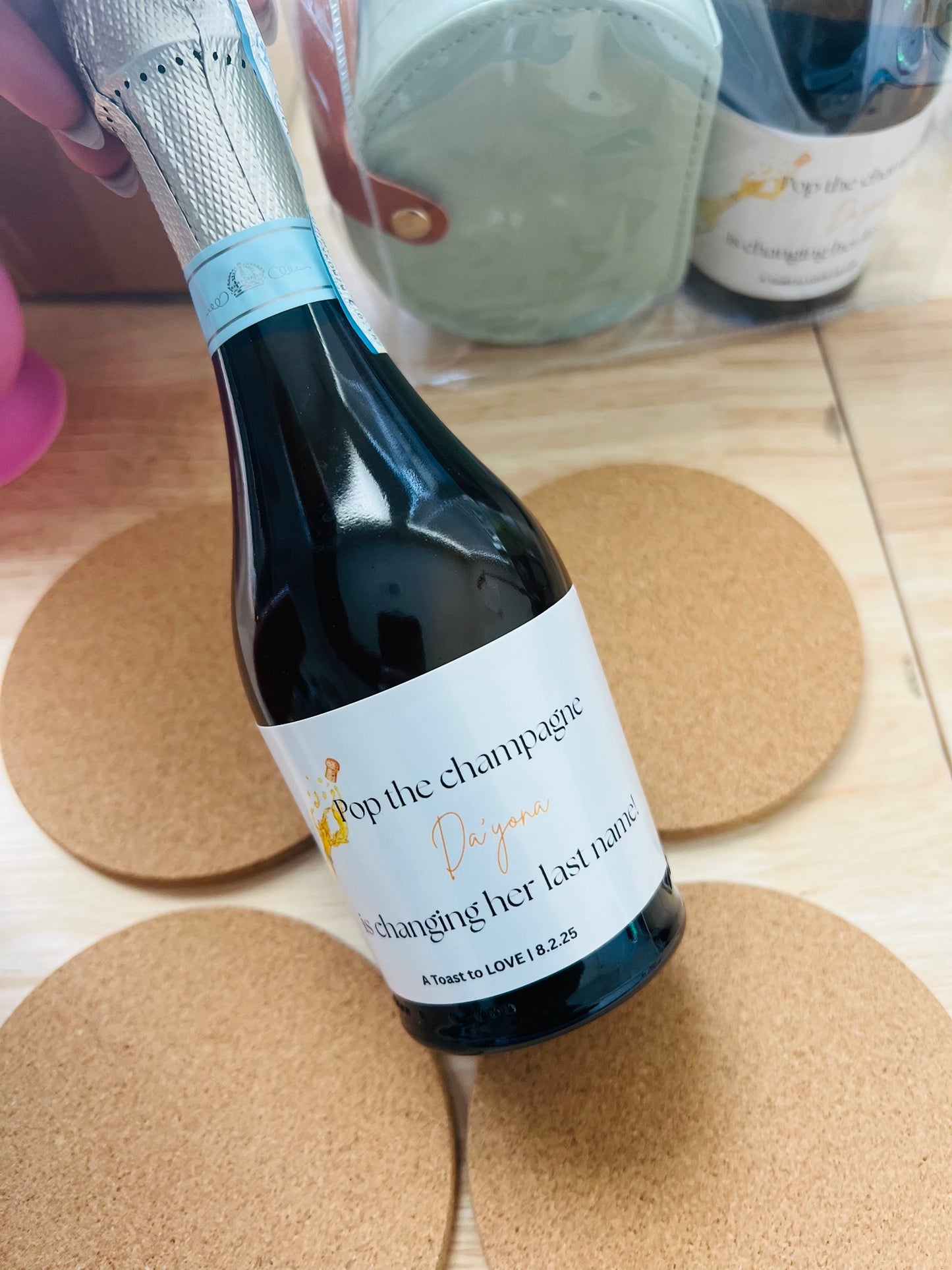 Pop the Champagne Labels | Mini Champagne Bottle Stickers for Bridal & Wedding Celebrations