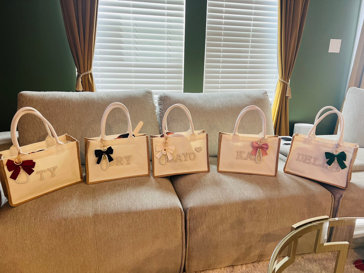 Personalized Burlap Canvas Bridal Bags with Ribbon | Custom Wedding & Bachelorette Totes
