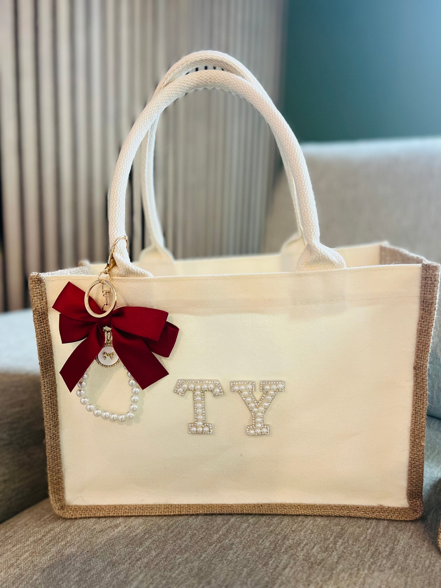 Personalized Burlap Canvas Bridal Bags with Ribbon | Custom Wedding & Bachelorette Totes