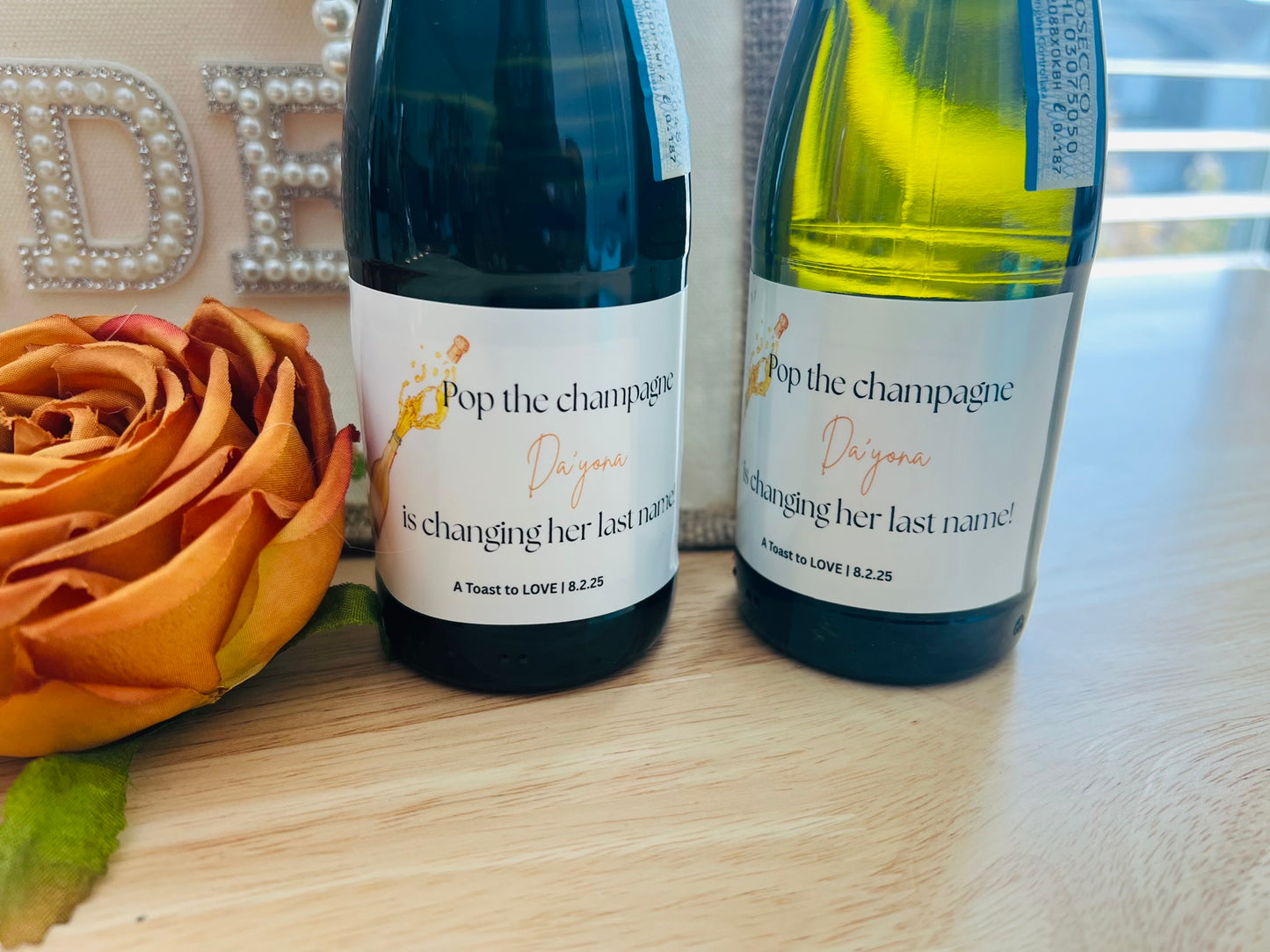 Pop the Champagne Labels | Mini Champagne Bottle Stickers for Bridal & Wedding Celebrations
