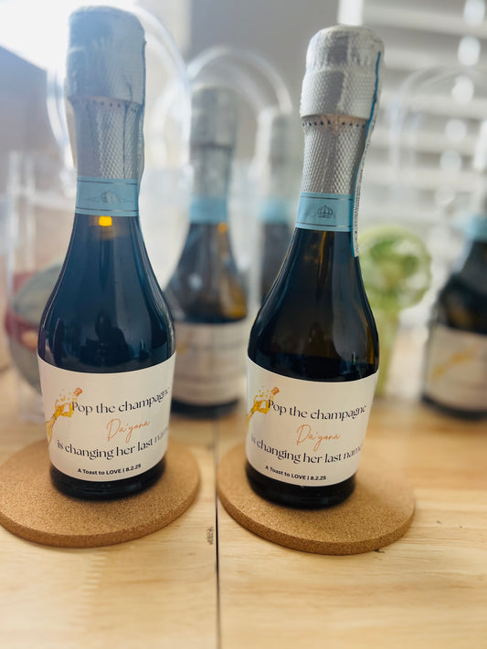 Pop the Champagne Labels | Mini Champagne Bottle Stickers for Bridal & Wedding Celebrations
