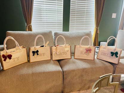 Personalized Burlap Canvas Bridal Bags with Ribbon | Custom Wedding & Bachelorette Totes