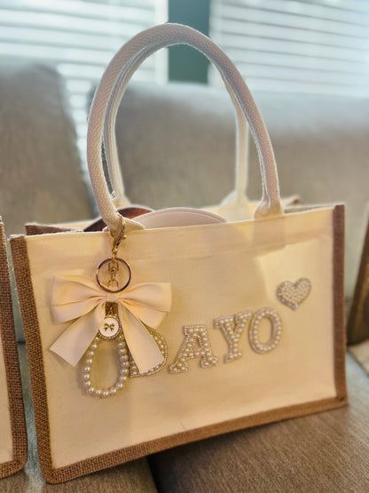 Personalized Burlap Canvas Bridal Bags with Ribbon | Custom Wedding & Bachelorette Totes