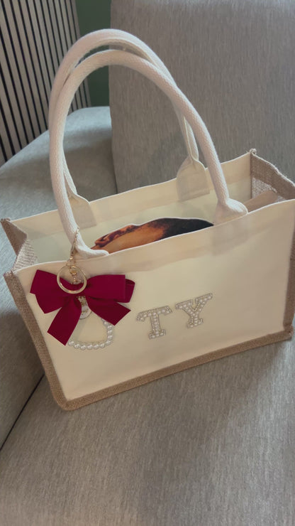 Personalized Burlap Canvas Bridal Bags with Ribbon | Custom Wedding & Bachelorette Totes